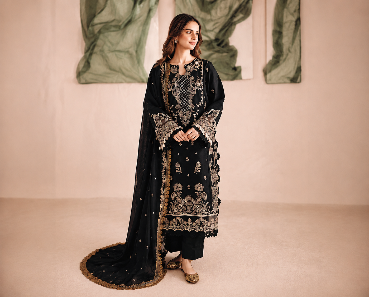 Rivaj Black EID Collection Embroidered Three Piece Lawn Collection D-134