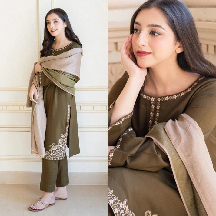 BYC-885 Mehndi Dhanak Embroidered 3Pc