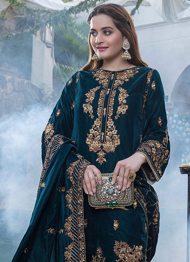 FCC ZC-114 ZINC Embroidered Velvet Three piece With Velvet Shawl Winter Collection