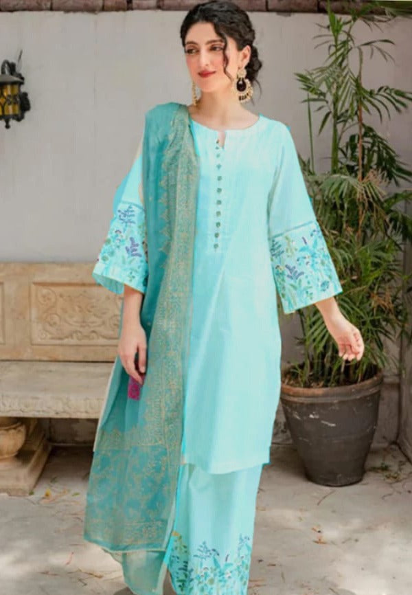 Rivaj 882 sky Blue lawn Embroidered three piece