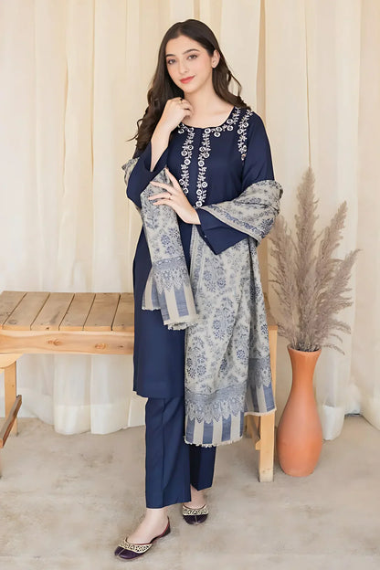 Fcc-841 Blue  Dhanak Embroidered three piece With Woolen Duppata