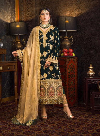 Rivaj Lawn D-106 Green Color Embroidered Velvet Three piece Winter Collection