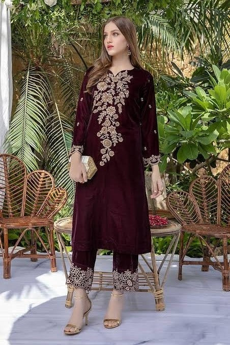 Embroidered Velvet two piece Azure-218