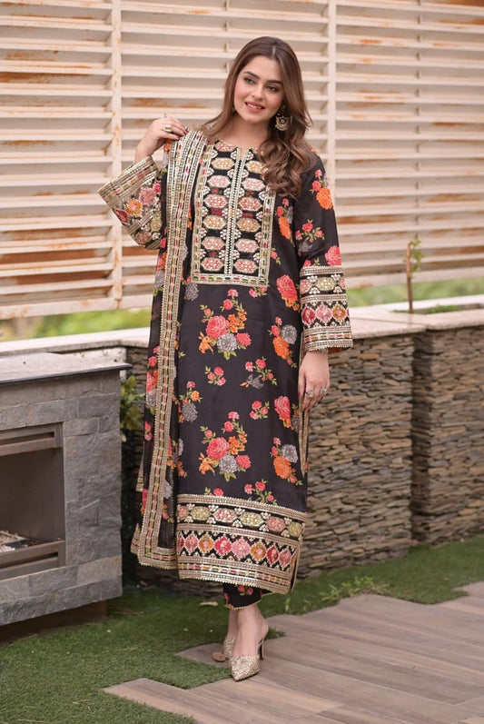 fcc-1001 (Black) Printed Airjet Shamoz Silk Three Piece
