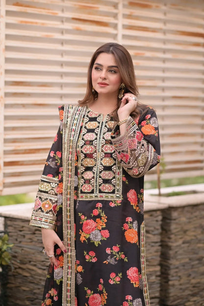 fcc-1001 (Black) Printed Airjet Shamoz Silk Three Piece