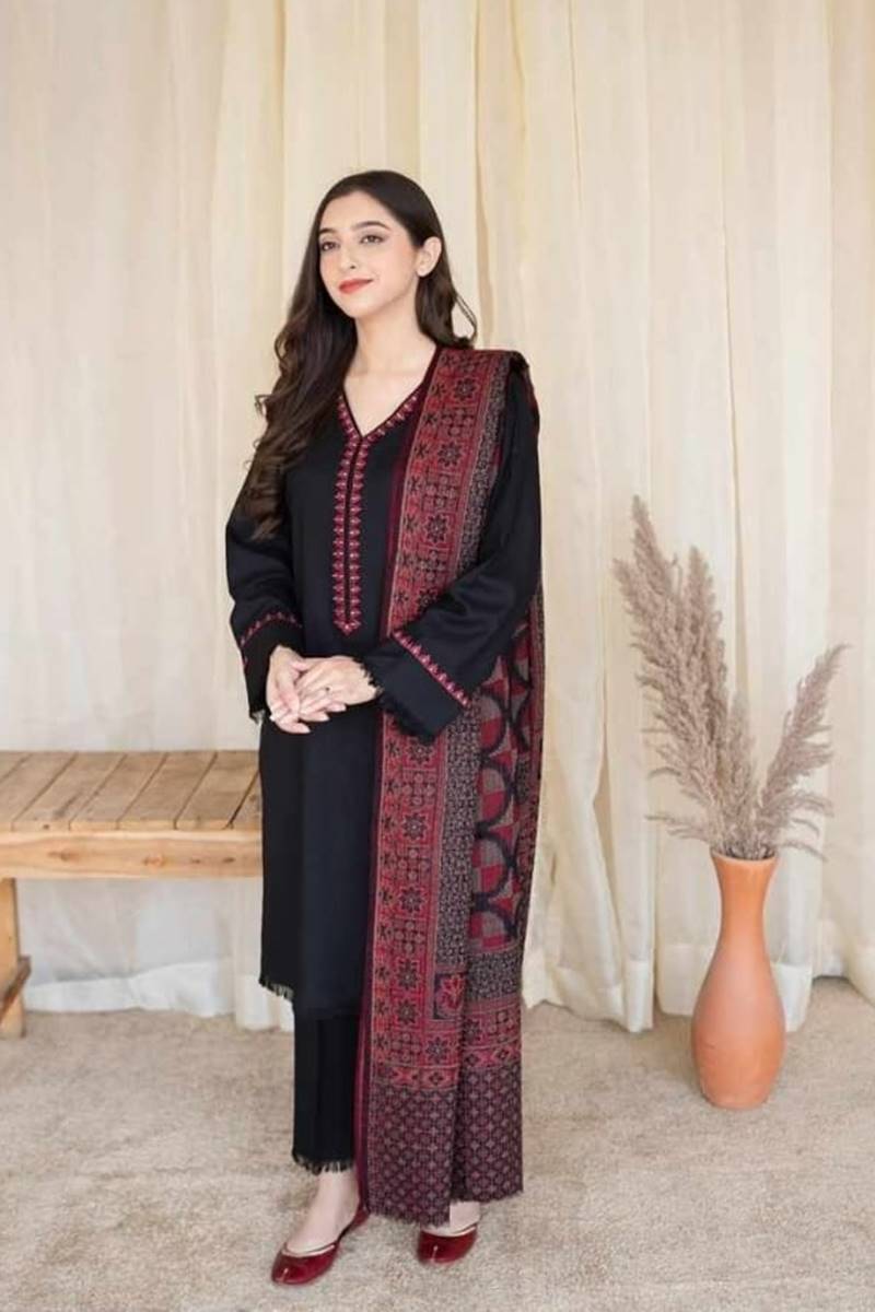 femalechoice Fcc-883 Black Dhanak Embroidered three piece With silk Woolen Duppata