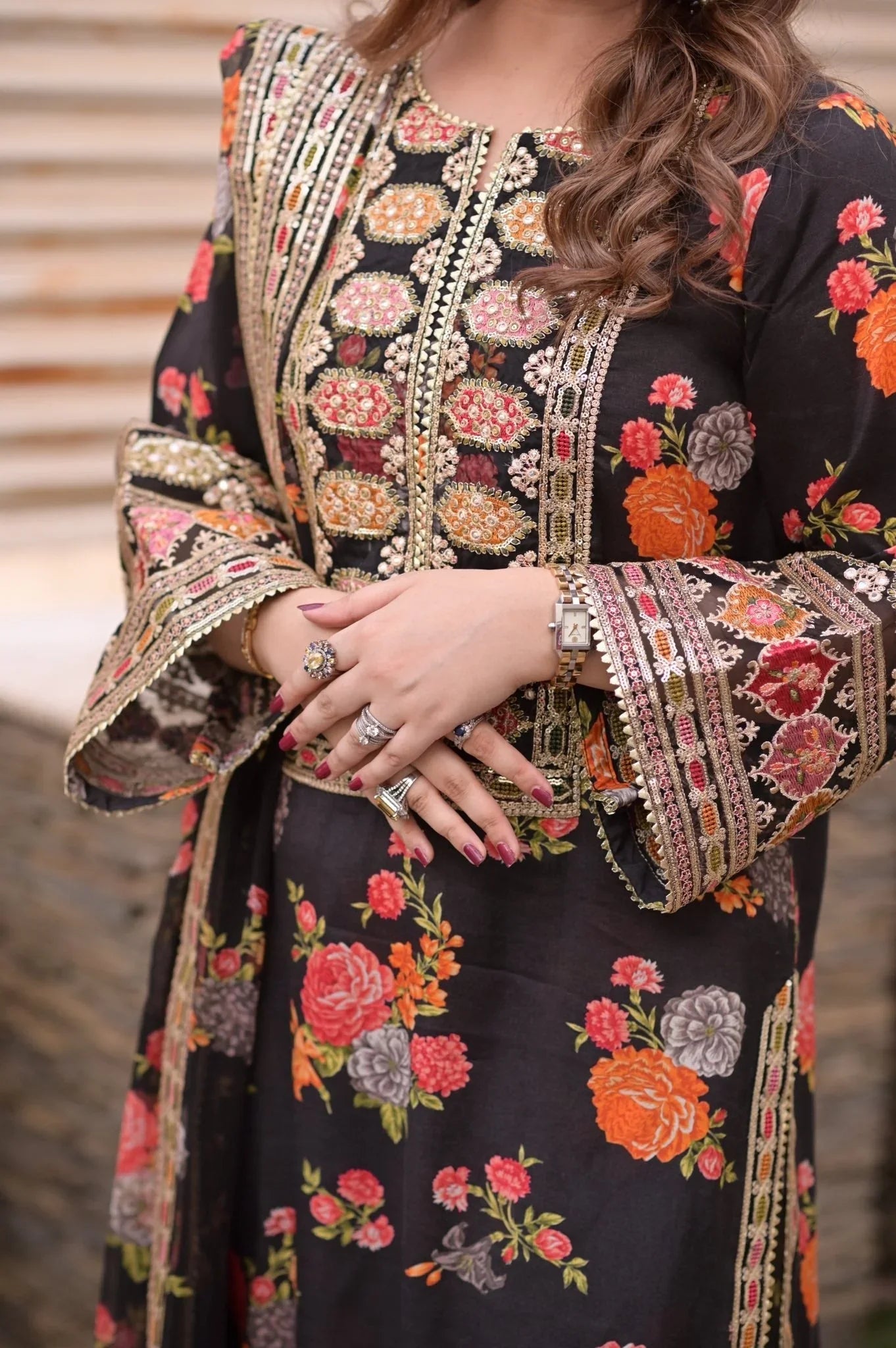 fcc-1001 (Black) Printed Airjet Shamoz Silk Three Piece