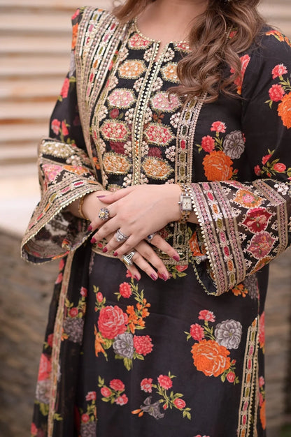 fcc-1001 (Black) Printed Airjet Shamoz Silk Three Piece