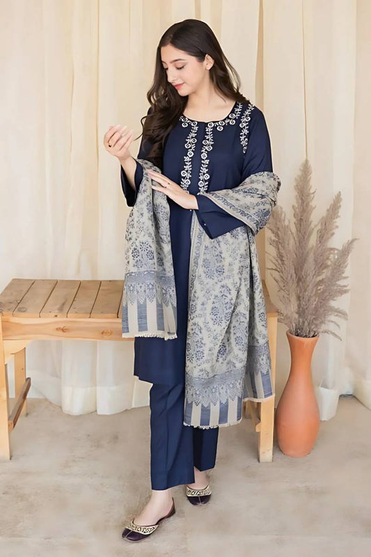 Fcc-841 Blue  Dhanak Embroidered three piece With Woolen Duppata