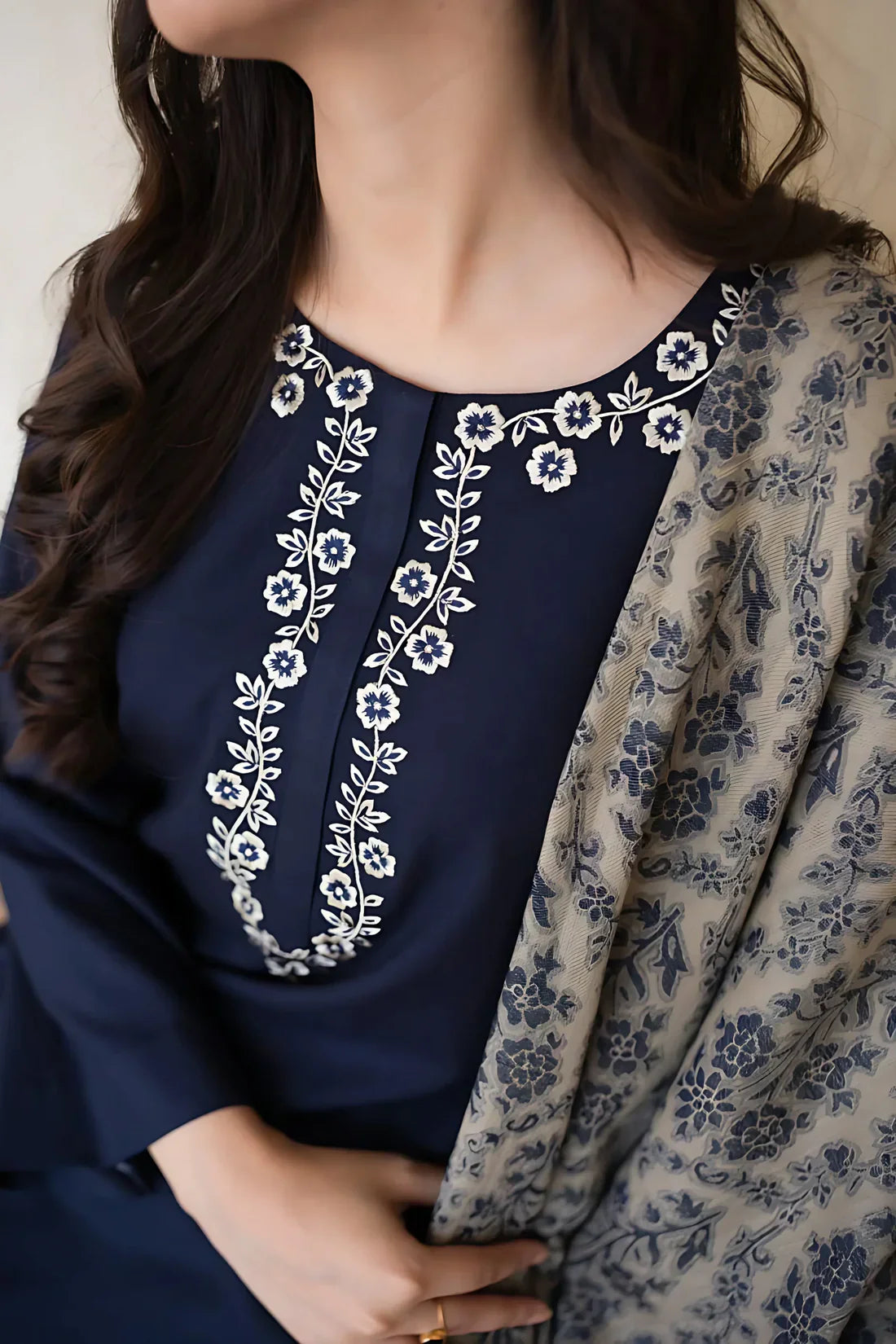 Fcc-841 Blue  Dhanak Embroidered three piece With Woolen Duppata