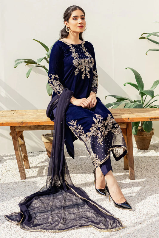 Rivaj  BT-10 Blue Embroidered Velvet Three piece Winter Collection