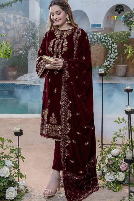 FCC ZC-114 Mehron Embroidered Velvet Three piece With Velvet Shawl  Winter Collection