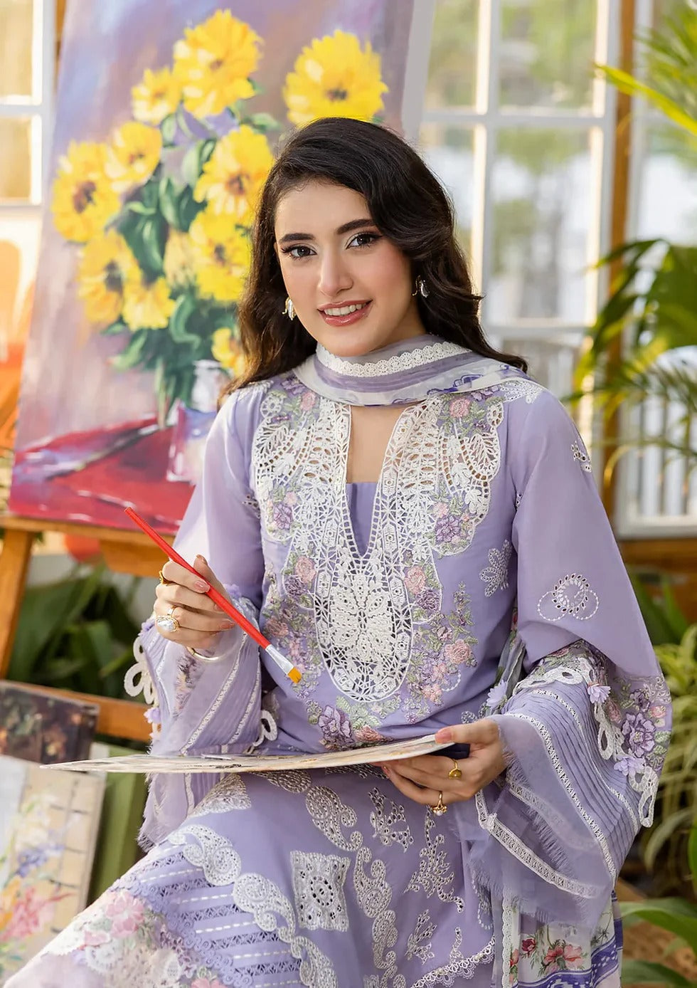 EID COLLECTION Elaf lavender love ChikenKari Embroidered Three Piece Lawn